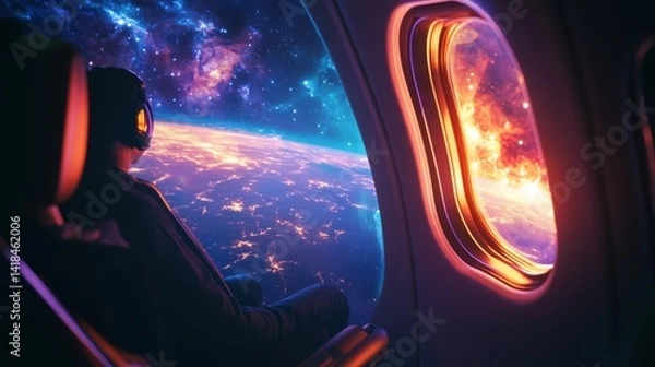 Obraz View of Earth and Space from Inside a Modern Aircraft at Night