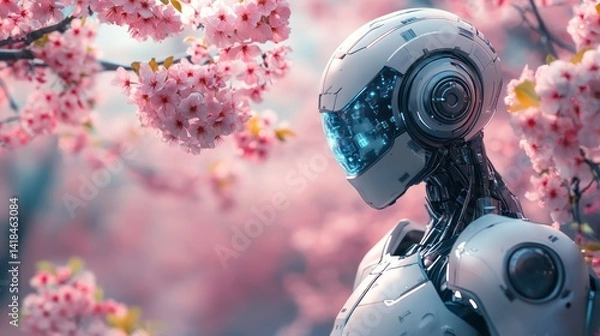 Fototapeta A Futuristic Encounter: Robot Amongst Cherry Blossoms in a serene digital artwork