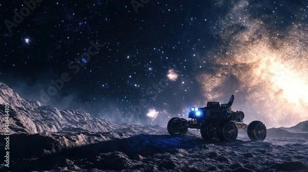 Obraz Exploration of a distant planet with a futuristic rover under a starry sky