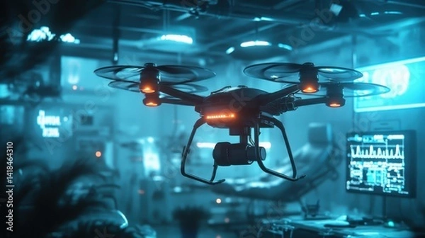 Obraz Innovative drone technology in high-tech laboratory at night with blue lighting and advanced equipment