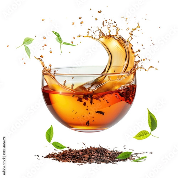 Obraz Splashing tea in glass bowl with fresh leaves, dynamic liquid movement captured on Transparent Background, vivid colors and textures in beverage scene