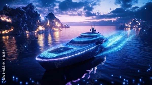 Obraz Sleek futuristic boat navigating illuminated waters at night near vibrant islands