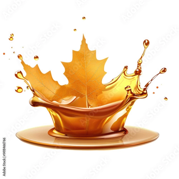 Obraz Splash of golden liquid with a vibrant autumn leaf creating dynamic motion on a reflective surface in a bright studio setting, isolated transparent background