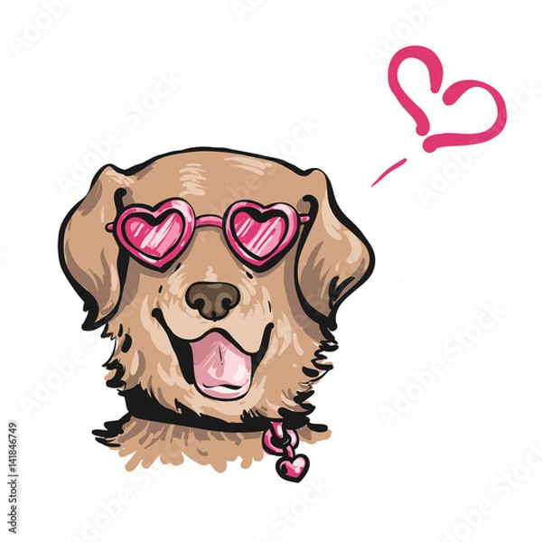 Fototapeta hand drawn vector portrait of funny dog in the pink heart-shaped sunglasses