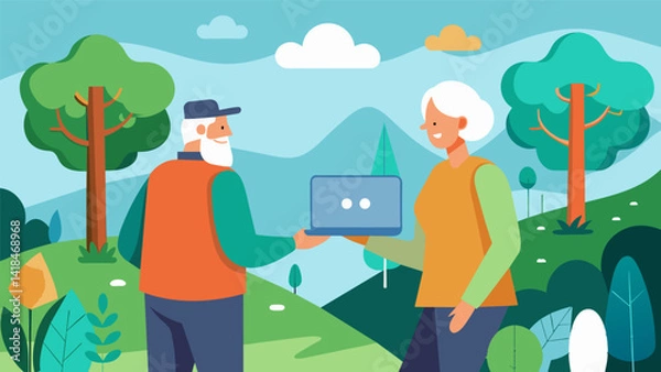 Fototapeta In a virtual walk and talk session seniors take a leisurely stroll through a beautiful virtual forest while exchanging advice and wisdom about aging. Vector illustration