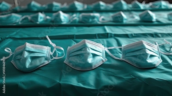 Fototapeta Surgical masks and gowns arranged neatly on prep table before operation