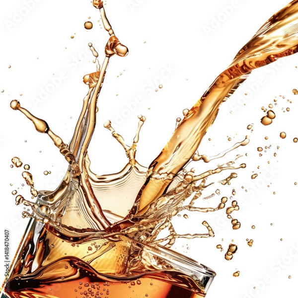 Obraz Splash of Golden Liquid from a Glass, Capturing the Moment of Refreshing Drink with Vivid Droplets in Bright Lighting, isolated transparent background
