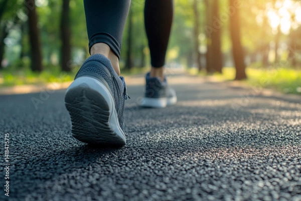 Fototapeta A person walking in park during morning hours with a close-up of walking shoes and pathway, the importance of regular physical exercise for health, vitality, and overall wellness in daily life.