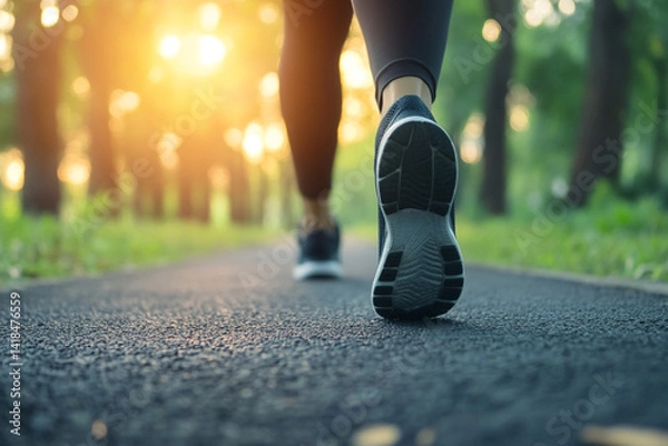 Fototapeta A person walking in park during morning hours with a close-up of walking shoes and pathway, the importance of regular physical exercise for health, vitality, and overall wellness in daily life.