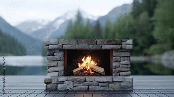 Obraz Outdoor stone fireplace by a serene lake