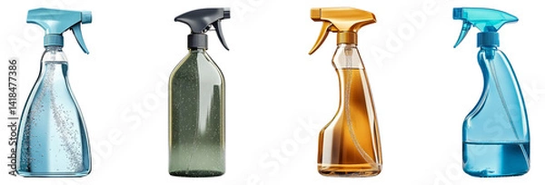 Obraz Assorted Spray Bottles with Different Liquids for Home Cleaning Tasks, Isolated on Transparent Background