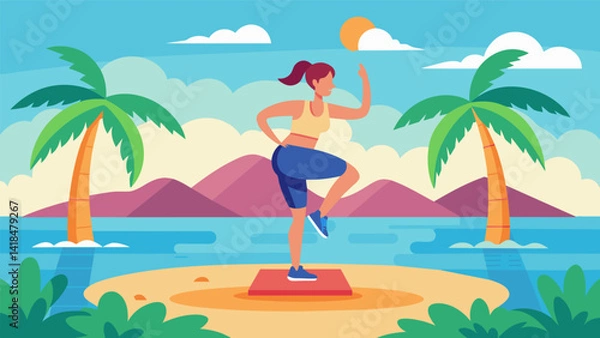 Fototapeta Explore a virtual island paradise while getting your heart rate up with a mix of bodyweight and cardio exercises set against a beautiful tropical. Vector illustration
