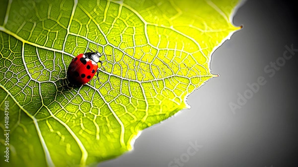 Fototapeta Ladybug on green leaf, nature macro, vibrant background, spring