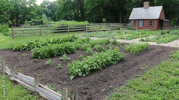 Fototapeta Historic garden with rows of vegetables and a small red house.