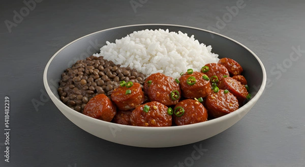 Fototapeta Bowl With Sausages Rice And Lentils Served Together For A Balanced Meal