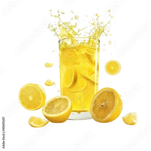 Obraz Refreshing Lemonade Splashing in a Glass Surrounded by Fresh Lemons on Transparent Background