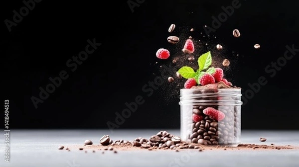 Obraz Coffee, raspberries, and mint in a jar