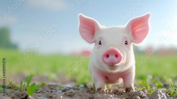 Obraz Piglet in Mud Natural Style High-resolution Vibrant Lighting Front View Soft Fur Exploring Pasture Sunny Meadow Pink and Green Hues Farm Animal Advertising
