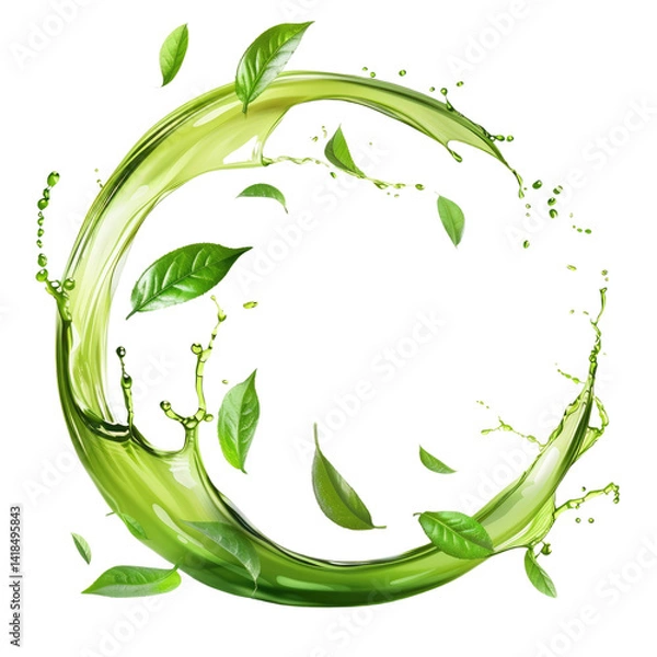 Obraz Fresh green leaves and water splash creating a circular motion, symbolizing nature and sustainability in a vibrant design for Transparent Backgrounds