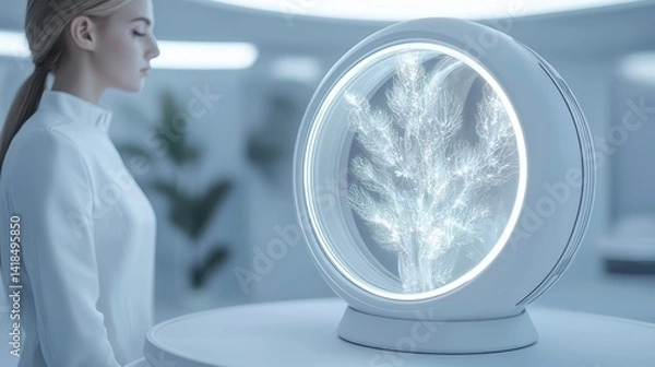 Obraz Woman observes holographic plant in futuristic setting