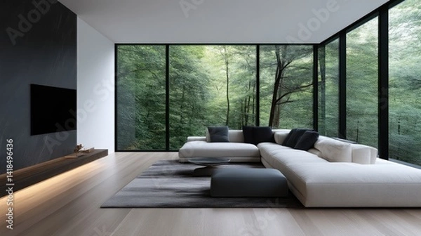 Obraz Modern minimalist living room with a view of a forest