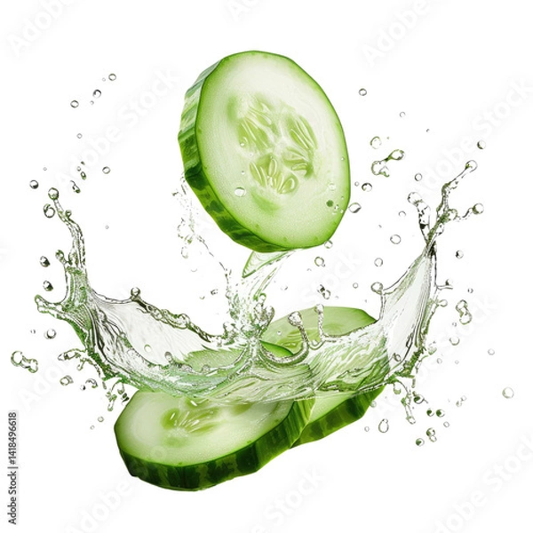 Obraz Fresh Cucumbers Splashing in Water Creating a Vibrant and Refreshing Visual Effect for Healthy Food and Natural Ingredients, isolated transparent background