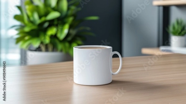 Obraz Blank white coffee mug on a light wooden table in a modern office setting