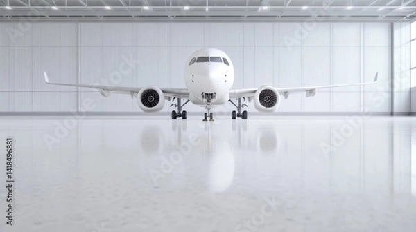 Obraz Airplane in Hangar Modern Minimalist Style High-resolution Front View Reflective Floor Parked Aircraft Clean, Bright Setting Ideal for Aviation Marketing