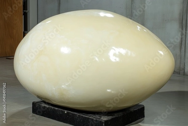 Obraz Large, smooth, pale yellow egg-shaped sculpture on a dark base