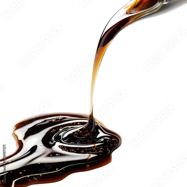 Obraz Rich and Glossy Brown Sauce Dripping Slowly Across a White Surface with Reflection and Glossy Texture, isolated transparent background