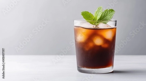 Obraz Iced coffee drink with mint garnish.  A refreshing beverage with ice cubes and a sprig of fresh mint on top.  The drink appears dark and amber, reflecting the color of brewed coffee