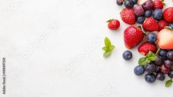 Obraz Fresh Berries and Peach Mint Garnish Bright Minimalist Style High-Resolution Top-Down View Textured Surface Summer Abundance White Background Red Pink Tones Ideal for Food Blogs