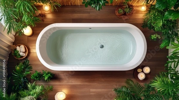 Fototapeta Top-down view of a freestanding tub surrounded by river stones and bamboo, set in a soft-lit tranquil spa space 