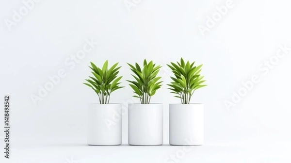 Obraz Three potted plants in white cylindrical pots against a plain white background