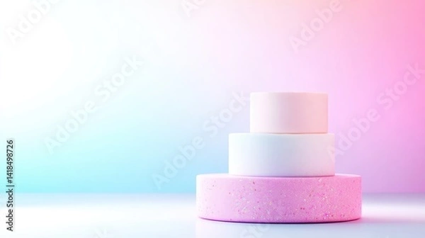 Obraz Three pastel-colored cylindrical objects stacked on a white surface, soft gradient background with pink and blue hues, and minimalist composition.