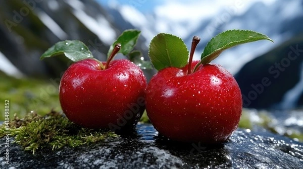 Obraz Two vibrant red apples on a mossy rock, bathed in sunlight, with mountain backdrop