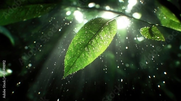 Obraz Lush green leaf bathed in sunlight, raindrops, vibrant
