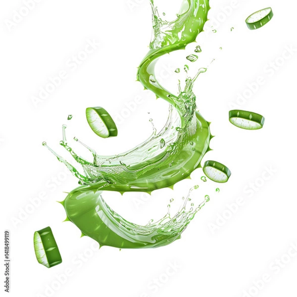 Obraz Splash of Fresh Green Liquid with Aloe Vera Slices and Water Droplets Creating Vibrant Transparent Background for Wellness and Beauty Concepts
