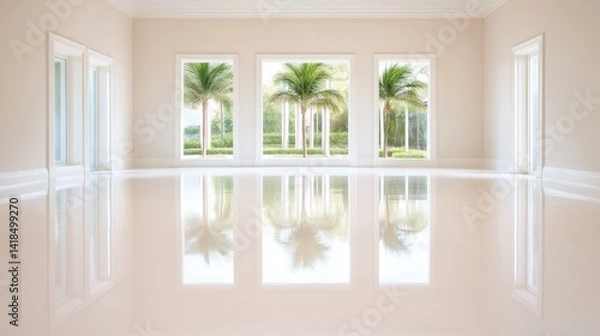 Obraz Spacious, sunlit interior with polished floors and large windows showcasing lush palm trees