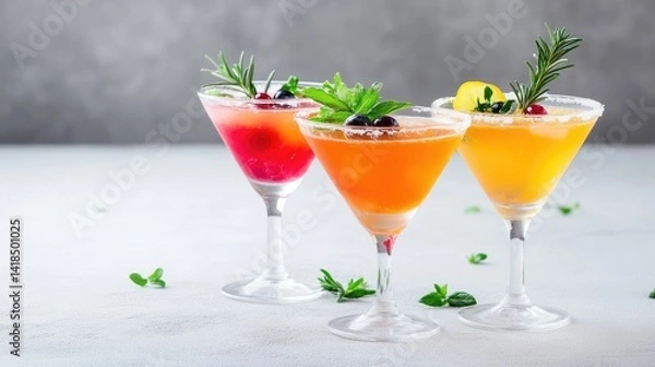 Obraz Three Gourmet Cocktails Fresh Herbs Vibrant Style High-Quality Close-up View Sugar Rimmed Glasses Refreshing Drinks Gray Surface Bright Citrus Tones Perfect for Beverage Ads