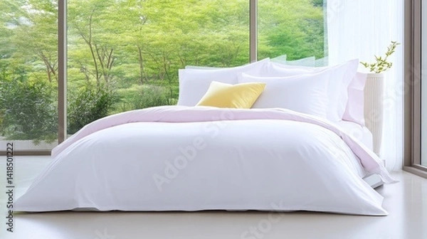 Obraz White bedding set in modern bedroom.  Natural light, lush greenery view