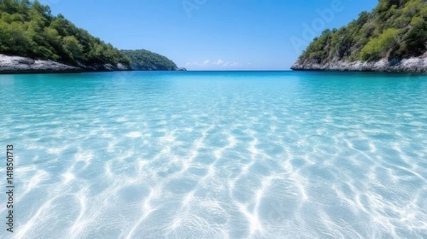 Obraz Tranquil turquoise cove bathed in sunlight. Crystal clear shallows, secluded beach