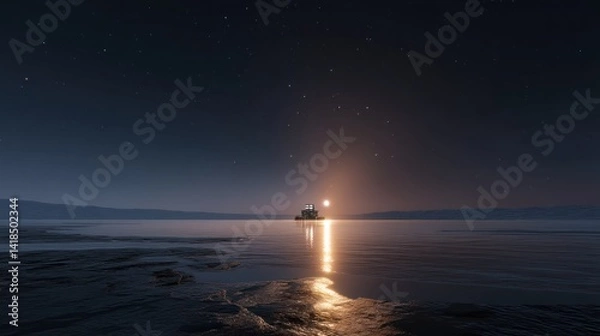 Fototapeta A serene night scene depicting a distant vessel on calm waters under a starry sky, with the sun setting on the horizon, casting a warm, golden reflection across the surface of the water. The landscape