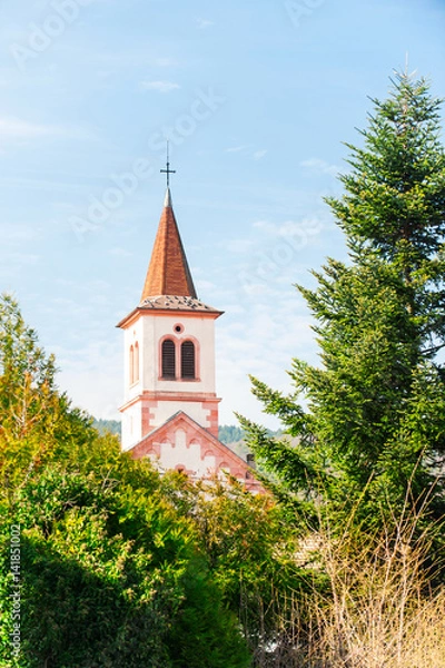 Fototapeta View of classic french castle with spire and red tiled roofs