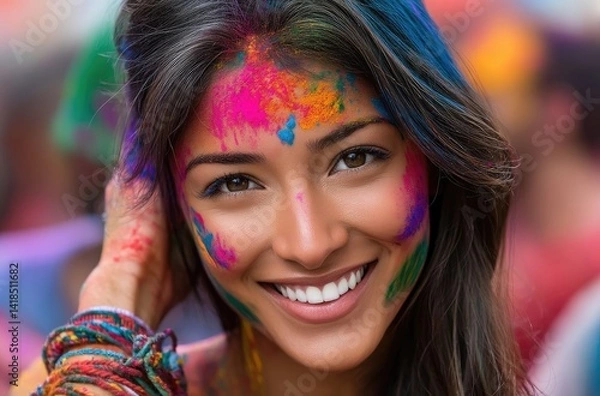 Obraz A beautiful Indian woman in her late thirties, covered with a bright Holi powder color explosion from behind