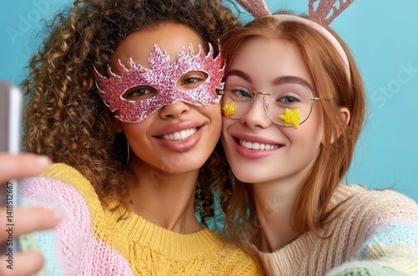 Obraz Two young women with long curly hair, wearing festive carnival masks and smiling while taking selfies against the background of an isolated yellow color backdrop