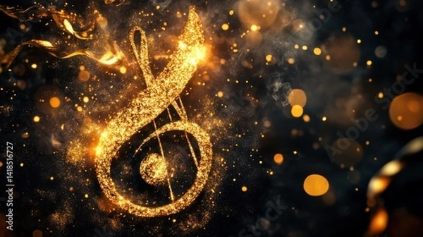 Obraz Sparkling Gold Musical Note Against Dark Background with Bokeh Effect