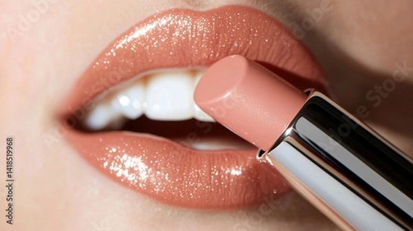 Fototapeta Soft-focus image of a lipstick moment, a close-up of lips in sunlight applying blush pink gloss, white mirror reflection seen behind, glow on skin, elegant composition, feminine branding shot