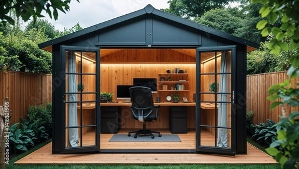 Obraz  a modern, stylish garden office shed with a sleek, black exterior and a gabled roof. The front features a large glass door with multiple panes, allowing a clear view into the interior.