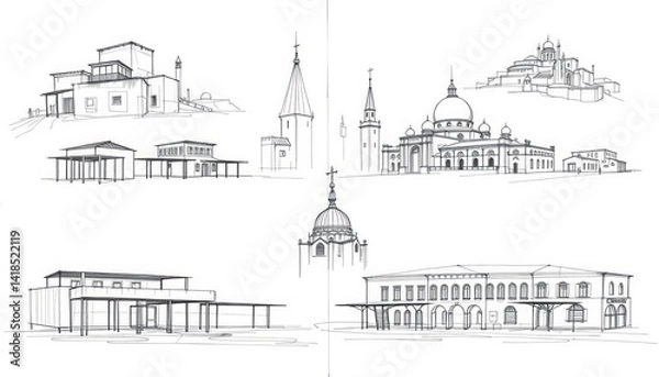 Fototapeta Monochrome Cityscape Sketch Simple Line Drawings of Buildings and Skylines